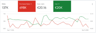 Google Ads: kulut 20 t€, myynti 698 t€