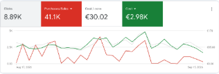 Google Ads: kulut 2,98 t€, myynti 41,1 t€