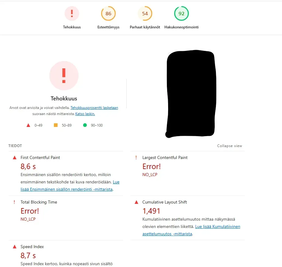 Kuvakaappaus erään sivuston Lighthouse -työkalulla kerätystä Core Web vitals -tutkimuksesta Kuvakaappaus erään sivuston Lighthouse -työkalulla kerätystä Core Web vitals -tutkimuksesta