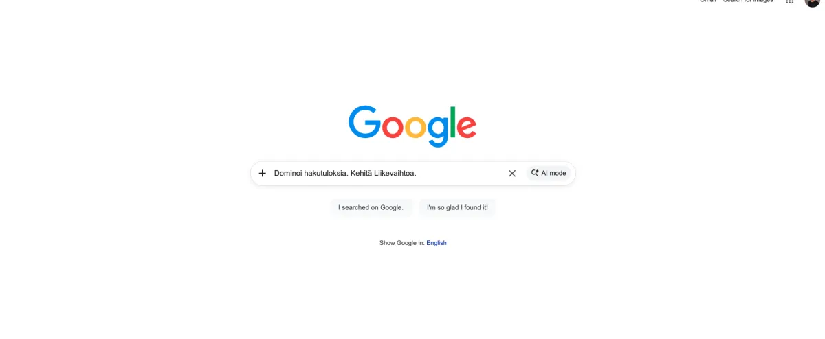 Kuvakaappaus google-haun etusivulta. Kuvakaappaus google-haun etusivulta.