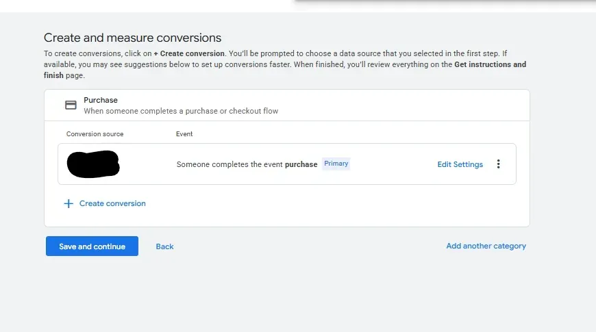 Kuvakaappaus Google Ads -alustan "Create and measure conversions" -näkymästä, jossa määritetään verkkokaupan ostotapahtuma (Purchase) ensisijaiseksi (Primary) konversiotapahtumaksi kampanjan optimointia varten. Kuvakaappaus Google Ads -alustan “Create and measure conversions” -näkymästä, jossa määritetään verkkokaupan ostotapahtuma (Purchase) ensisijaiseksi (Primary) konversiotapahtumaksi kampanjan optimointia varten.
