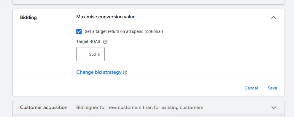 Google Ads -hintatarjousstrategia: Maximise conversion value ja 350 % Target ROAS -tavoite. Google Ads -hintatarjousstrategia: Maximise conversion value ja 350 % Target ROAS -tavoite.