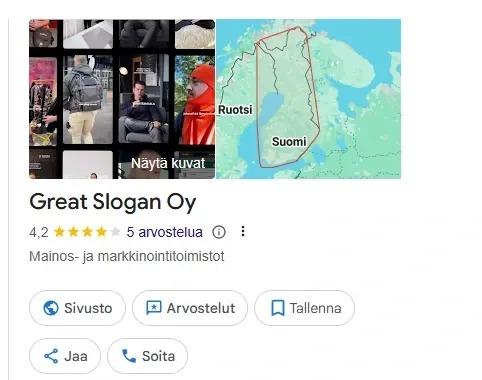 Kuvakaappaus mainos- ja markkinointitoimisto Great Slogan Oy:n Google Business -profiilista, jossa näkyy yrityksen 4,2 tähden arvostelu, kuvagalleria ja punaisella rajattu palvelualue Suomen kartalla.