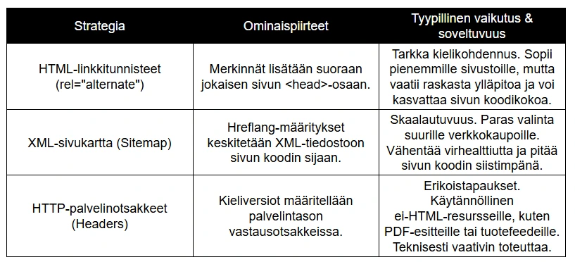 Tekninen vertailu: Hreflang-toteutustavat kansainvälisessä kaupassa Tekninen vertailu: Hreflang-toteutustavat kansainvälisessä kaupassa