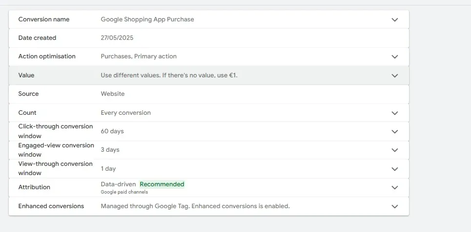 Kuvakaappaus Google Adsin konversioasetuksista, joissa näkyvät yksityiskohtaiset määritelmät verkkokaupan "Google Shopping App Purchase" -ostoseurannalle. Kuvakaappaus Google Adsin konversioasetuksista, joissa näkyvät yksityiskohtaiset määritelmät verkkokaupan “Google Shopping App Purchase” -ostoseurannalle.
