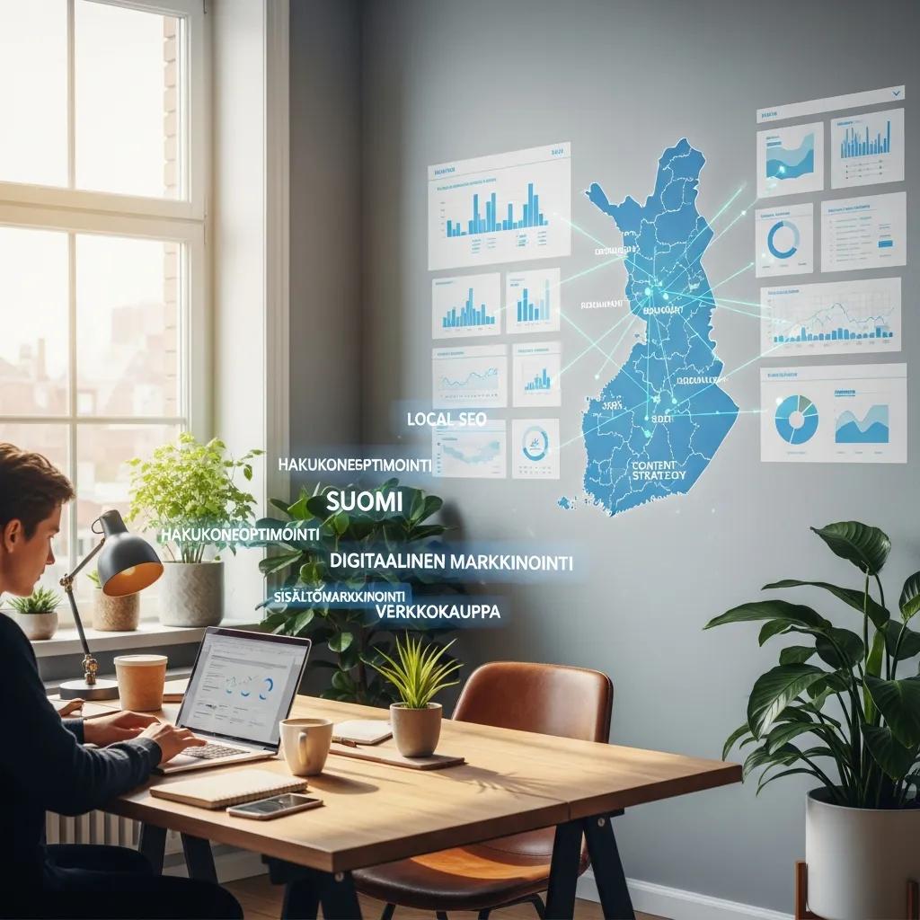Person working on SEO strategies in a modern office, symbolizing digital marketing in Finland