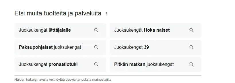 Kuvakaappaus juoksukengistä google-haussa. Google-haussa näkee long tail sanastoja ja hakuintentioita otsikkotasolla. 