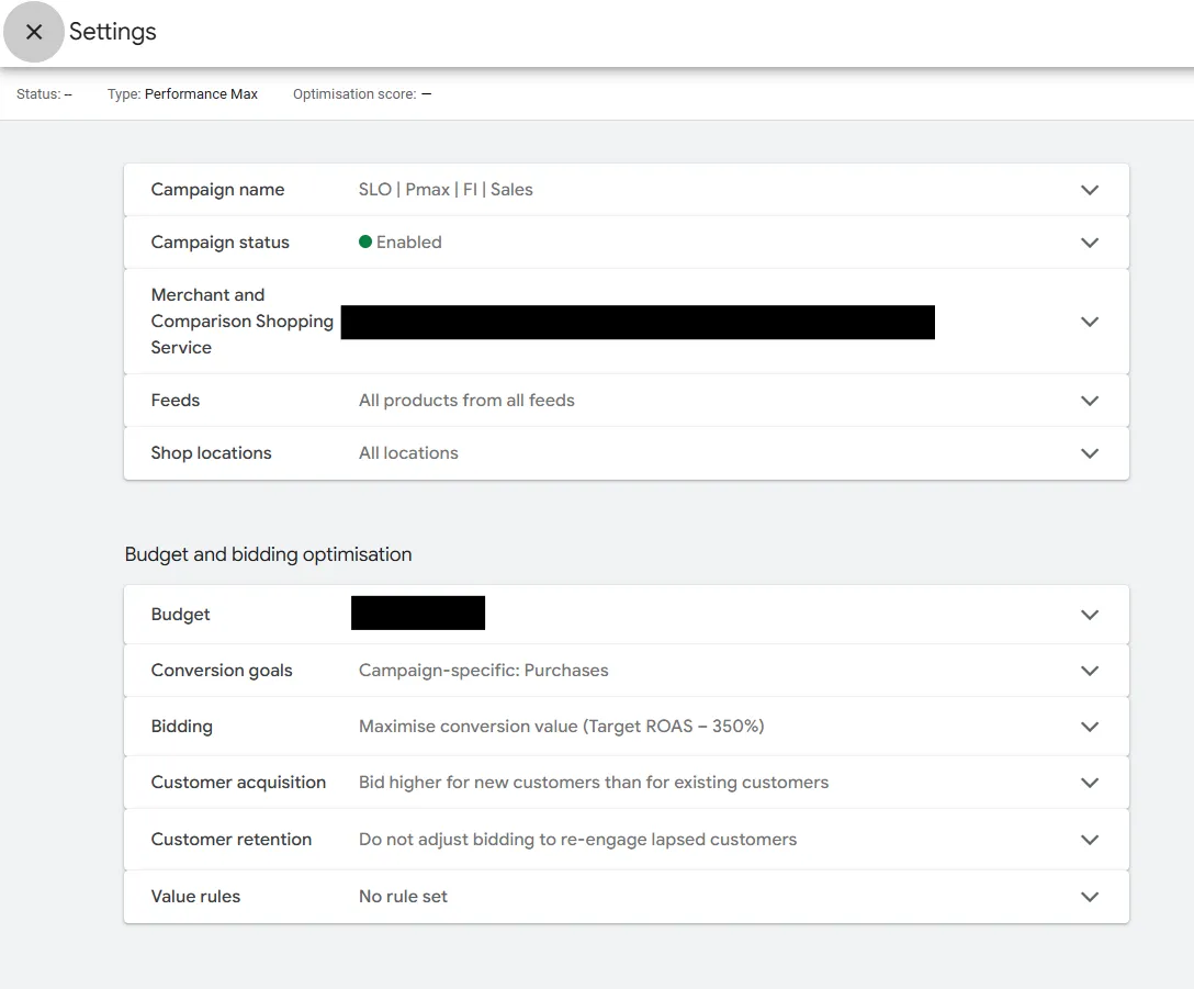 Kuvakaappaus Google Ads -alustan Performance Max -kampanjan asetuksista, jossa näkyy käytössä oleva myyntikampanja "SLO | Pmax | FI | Sales", Target ROAS 350% -hintatarjousstrategia sekä ostotavoitteet. Kuvakaappaus Google Ads -alustan Performance Max -kampanjan asetuksista, jossa näkyy käytössä oleva myyntikampanja “SLO | Pmax | FI | Sales”, Target ROAS 350% -hintatarjousstrategia sekä ostotavoitteet.