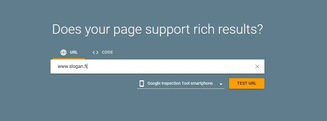 Kuvakaappaus Googlen Rich Results työkalun etusivusta. 