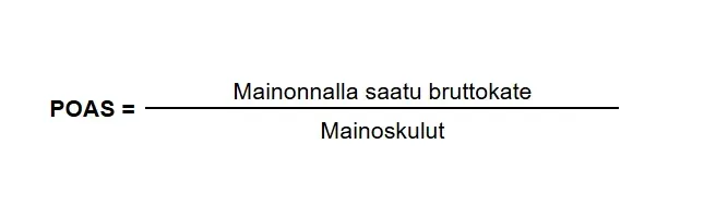 POAS-laskukaava: POAS on yhtä kuin mainonnalla saatu bruttokate jaettuna mainoskuluilla. POAS-laskukaava: POAS on yhtä kuin mainonnalla saatu bruttokate jaettuna mainoskuluilla.