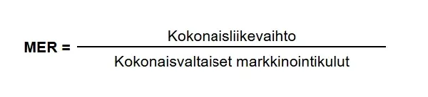 MER-kaava (Marketing Efficiency Ratio) esitettynä murtolukuna, jossa osoittajana on kokonaisliikevaihto ja nimittäjänä kokonaisvaltaiset markkinointikulut. Kaava auttaa ymmärtämään koko markkinoinnin tehokkuutta suhteessa yrityksen kokonaismyyntiin. MER-kaava (Marketing Efficiency Ratio) esitettynä murtolukuna, jossa osoittajana on kokonaisliikevaihto ja nimittäjänä kokonaisvaltaiset markkinointikulut. Kaava auttaa ymmärtämään koko markkinoinnin tehokkuutta suhteessa yrityksen kokonaismyyntiin.
