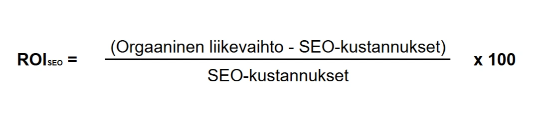 SEO ROI -laskukaava: (Orgaaninen liikevaihto - SEO-kustannukset) / SEO-kustannukset x 100. Kaava osoittaa hakukoneoptimoinnin tuottoprosentin laskemisen.