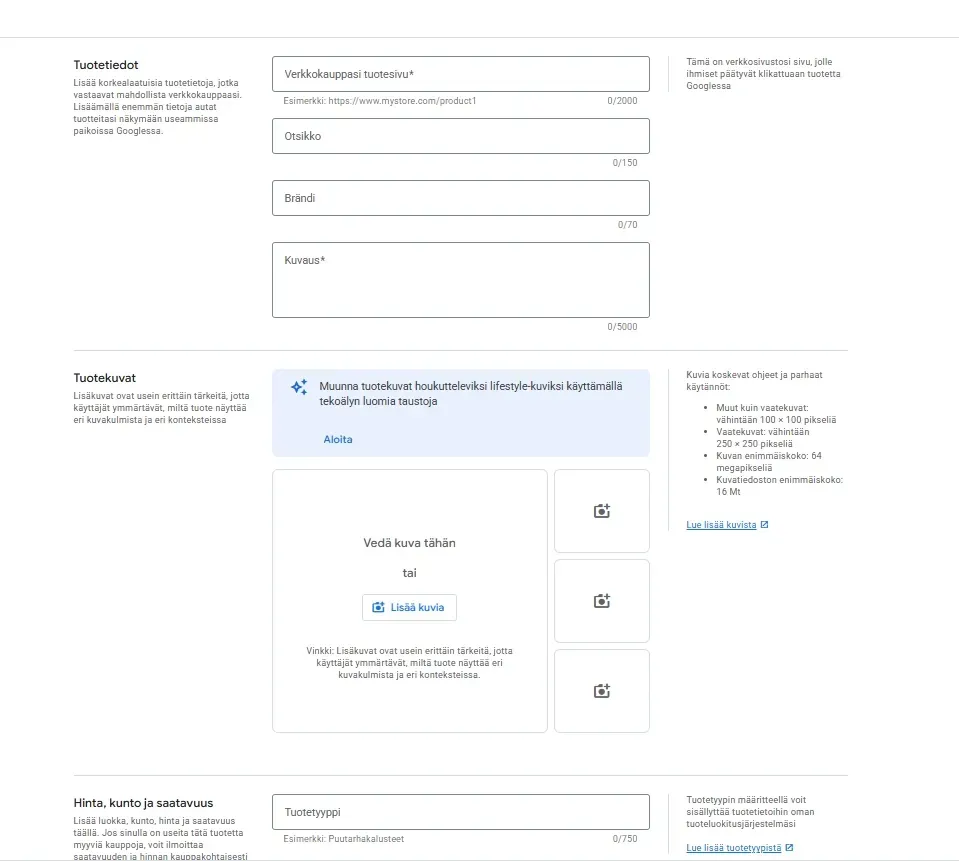 Google Merchant Centerin tuotetietojen muokkauslomake, jossa on kentät tuotesivun linkille, otsikolle, brändille ja tekoälypohjaiselle tuotekuvan muokkaukselle. Google Merchant Centerin tuotetietojen muokkauslomake, jossa on kentät tuotesivun linkille, otsikolle, brändille ja tekoälypohjaiselle tuotekuvan muokkaukselle.