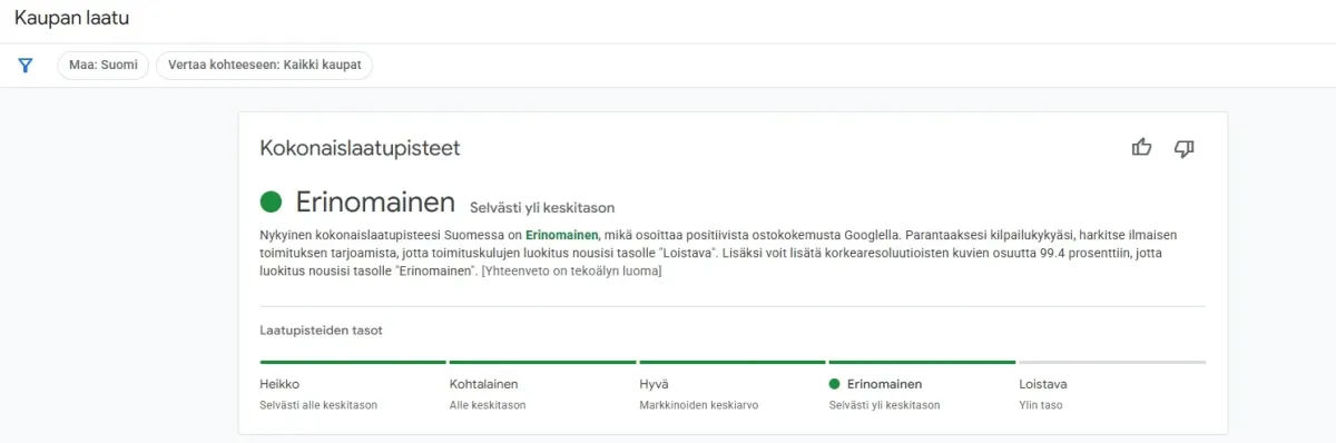 Google Kauppiaskeskuksen Kaupan laatu -raportti, jossa verkkokaupan kokonaislaatupisteet on luokiteltu tasolle ”Erinomainen” Suomen markkinalla. Google Kauppiaskeskuksen Kaupan laatu -raportti, jossa verkkokaupan kokonaislaatupisteet on luokiteltu tasolle ”Erinomainen” Suomen markkinalla.
