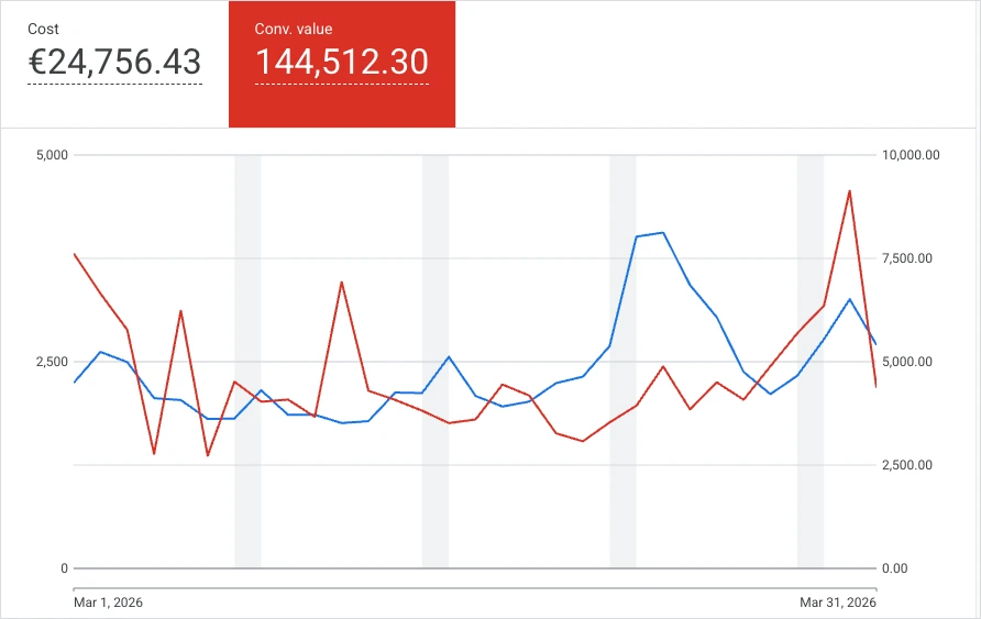 Google Ads campaign view: €24,800 ad spend, €144,500 in sales (3/2026)